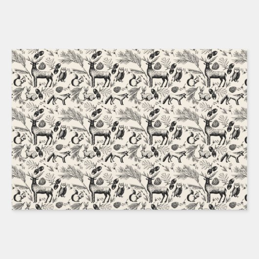 魅惑の冬の森の動物クリスマス手描き ラッピングペーパーシート (正面3)