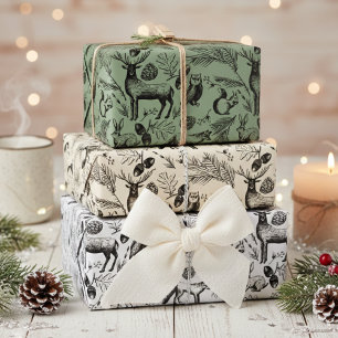 魅惑の冬の森の動物クリスマス手描き ラッピングペーパーシート