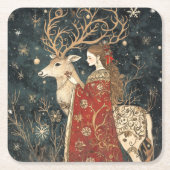 魅惑の冬：乙女とシカ スクエアペーパーコースター (正面)