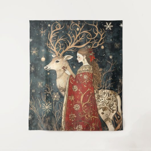 魅惑の冬:乙女とシカ タペストリー (正面)