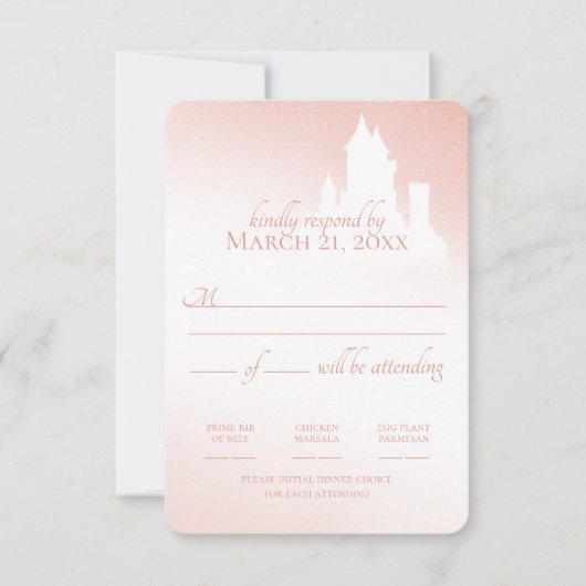 魅惑の城の赤面ピンクのおとぎ話の応答 出欠カード (正面)