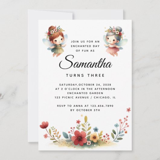 魅惑の妖精のガーデンガールバースデーパーティー 招待状 (正面)