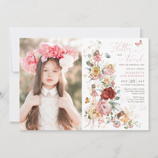 魅惑の妖精の花ガーデン女の子の誕生日写真 招待状 (正面)