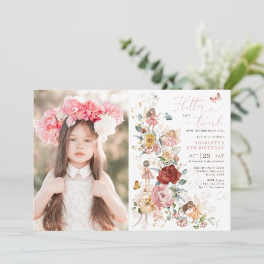 魅惑の妖精の花ガーデン女の子の誕生日写真 招待状 (スタンド正面)