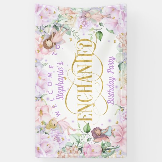 魅惑の妖精の花園の誕生日の背景 横断幕 (縦)