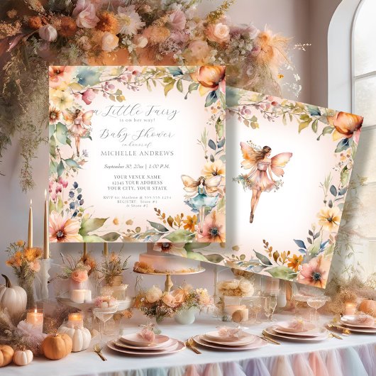 魅惑の妖精秋フローラピンクガールベビーシャワー 招待状