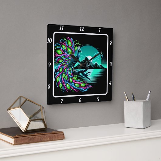 魅惑の孔雀の芸術品 スクエア壁時計 (オフィス)