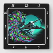 魅惑の孔雀の芸術品 スクエア壁時計 (正面)