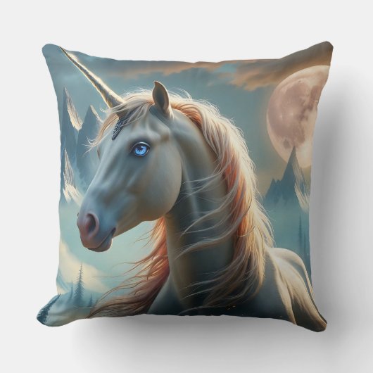 魅惑の山々の神秘的ユニコーン クッション (正面)