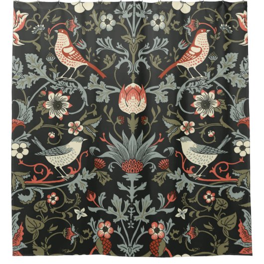 魅惑の暗いヴィンテージフローラ鳥 シャワーカーテン (正面)