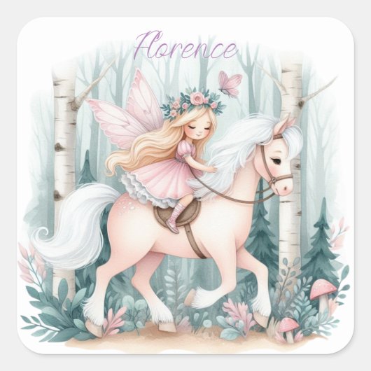 魅惑の森に乗る美しい妖精の少女 スクエアシール (正面)