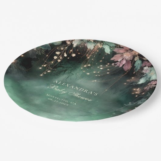 魅惑の森のアーチ赤ちゃんシャワー歓迎サイン ペーパープレート (アングル)