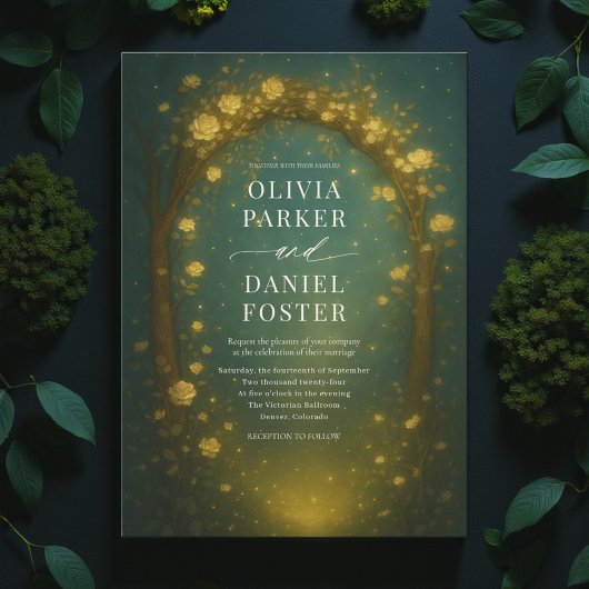魅惑の森のアーチ ゴールド エメラルドグリーン ウェディング 招待状