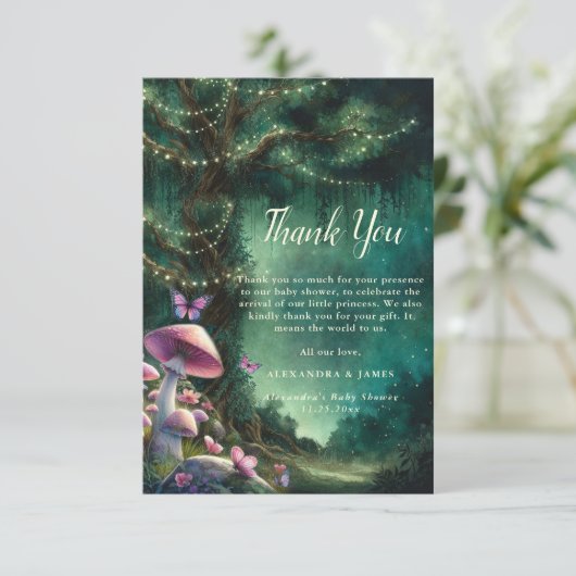 魅惑の森のキノコピンク緑の赤ちゃんシャワー サンキューカード (スタンド正面)