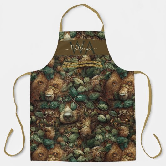 魅惑の森のクマ緑の茶色のカスタムモノグラム エプロン (正面)