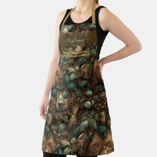 魅惑の森のクマ緑の茶色のカスタムモノグラム エプロン (インサイチュ)