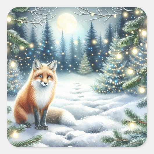 魅惑の森のクリスマスに可愛いキツネ スクエアシール (正面)