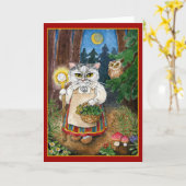 魅惑の森のグリーティングカードに入った可愛い魔女猫 カード (黄色い花)