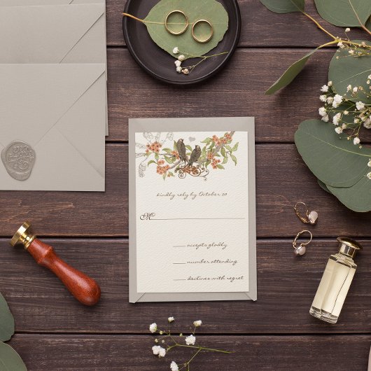 魅惑の森のサンゴと緑のヴィンテージラブバード 招待状