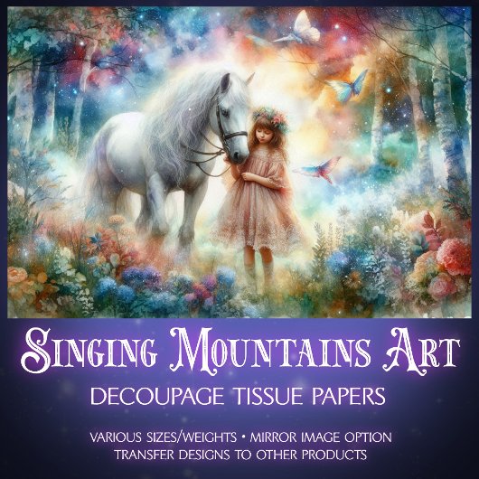 魅惑の森のデコパージュの少女と馬 薄葉紙