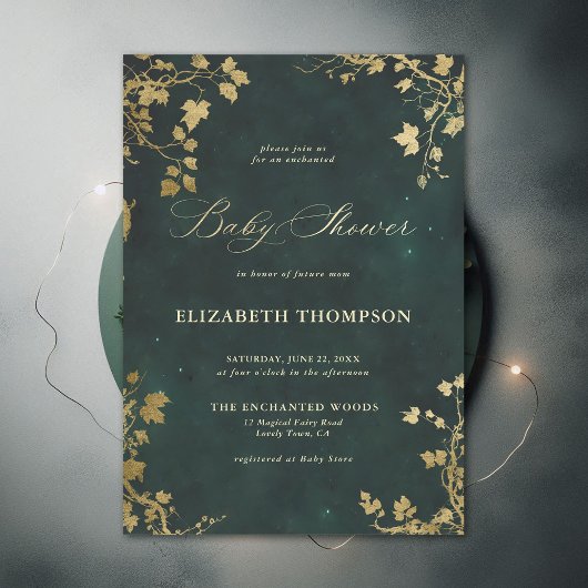 魅惑の森のミニマルな緑の赤ちゃんシャワー 招待状