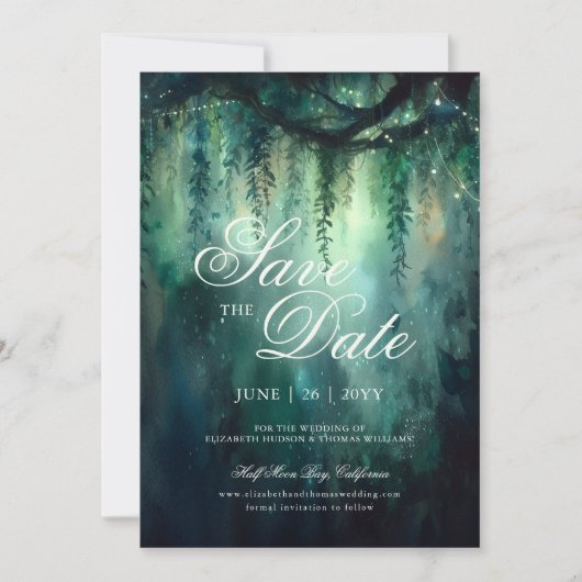 魅惑の森のライトフォトウェディング日付を保存 招待状 (正面)