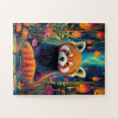 魅惑の森の中に座っている赤いパンダ ジグソーパズル (横)