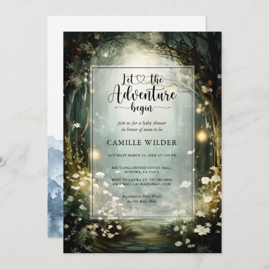 魅惑の森の冒険が赤ちゃんのシャワーを始める 招待状 (正面/裏面)