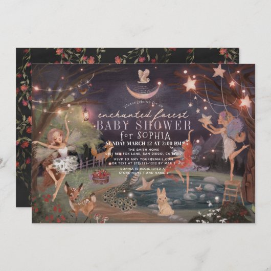 魅惑の森の動物の妖女の子の赤ちゃんシャワー 招待状 (正面/裏面)