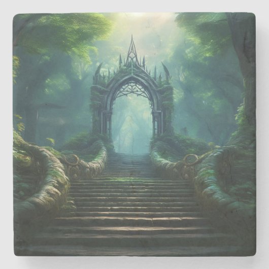 魅惑の森の古代の門への階段 ストーンコースター (正面)