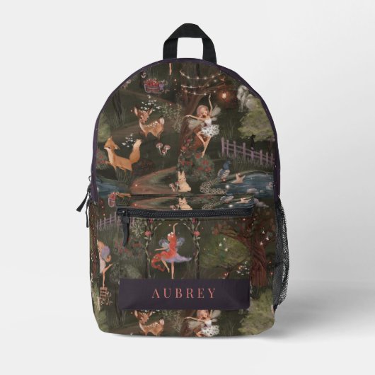 魅惑の森の夜の森林動物の妖精 プリントバックパック (正面)