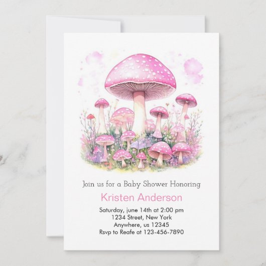 魅惑の森の夢のようなピンクの女の子の赤ちゃんシャワー 招待状 (正面)