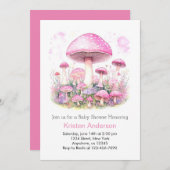 魅惑の森の夢のようなピンクの女の子の赤ちゃんシャワー 招待状 (正面/裏面)