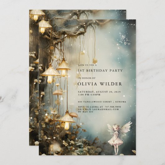 魅惑の森の女の子1st誕生日キノコの森 招待状 (正面/裏面)