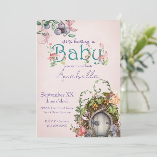 魅惑の森の妖精の庭のドアのピンク 招待状 (スタンド正面)