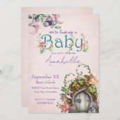 魅惑の森の妖精の庭のドアのピンク 招待状 (正面/裏面)