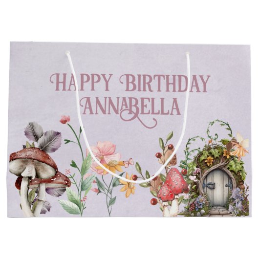 魅惑の森の妖精の庭のドアの紫 ラージペーパーバッグ (裏面)