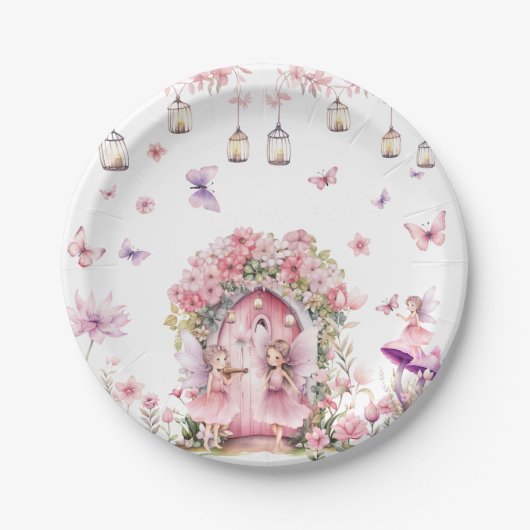 魅惑の森の妖精ピンクの誕生日パーティー ペーパープレート (正面)