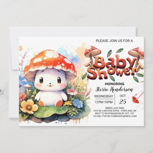 魅惑の森の小さなキノコの赤ちゃんシャワー 招待状 (正面)