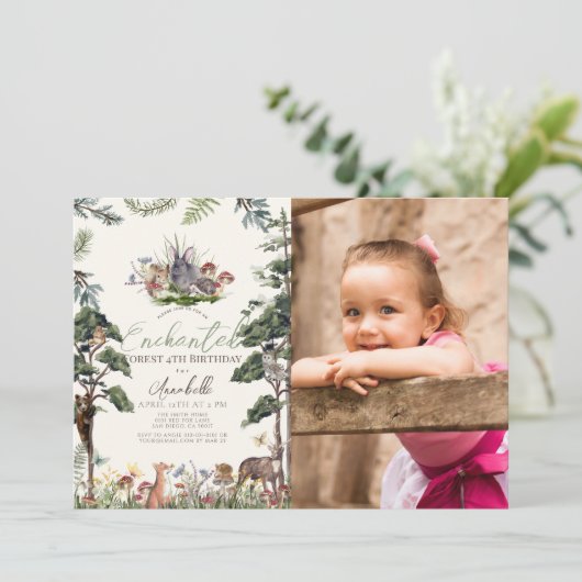 魅惑の森の森の動物の写真誕生日 招待状 (スタンド正面)