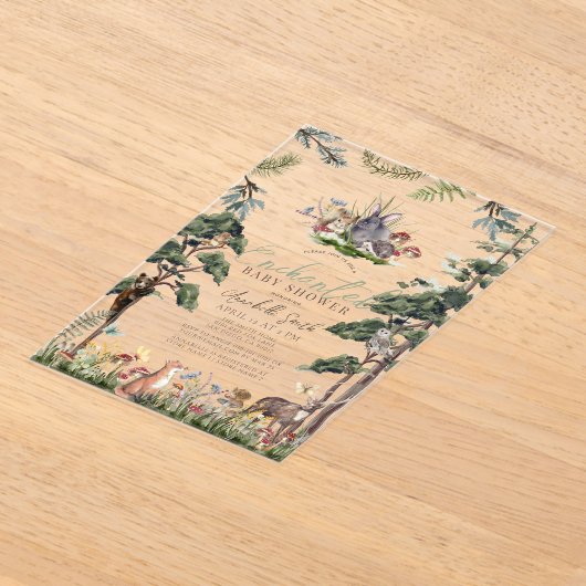 魅惑の森の森の動物の赤ちゃんシャワー アクリル招待状 (レイダウン)