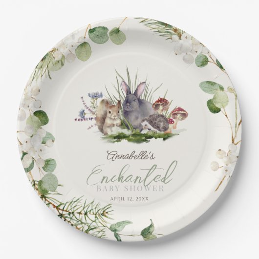 魅惑の森の森の動物の赤ちゃんシャワー ペーパープレート (正面)