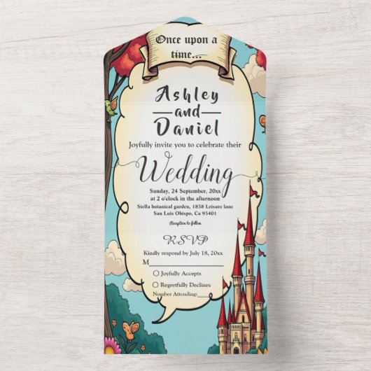 魅惑の森の森の城フェアリーテー結婚ブル オールインワン招待状 (内側)
