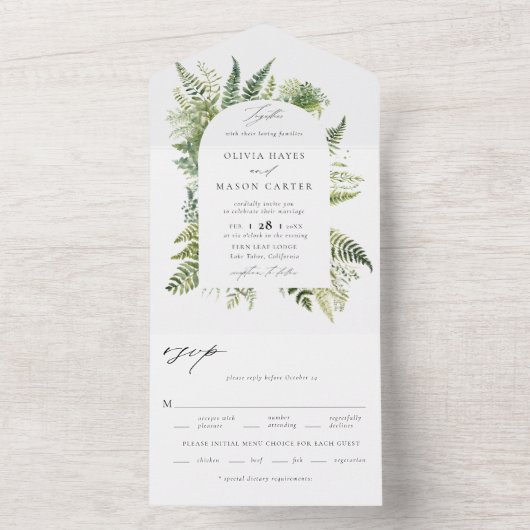 魅惑の森の森シダのボホアーチ結婚ーズ オールインワン招待状 (内側)