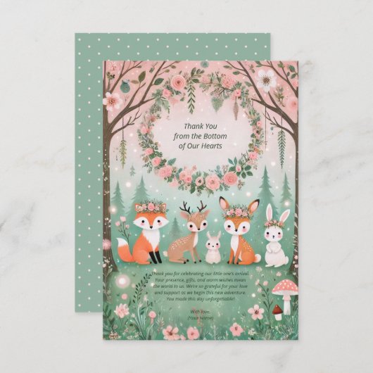 魅惑の森の生き物ベビーシャワー サンキューカード (正面/裏面)