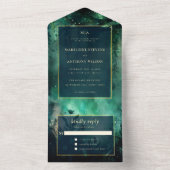 魅惑の森の童話の緑結婚金ゴールド オールインワン招待状 (内側)