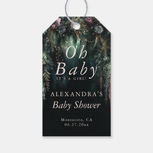 魅惑の森の紫のバラウッドランドベビーシャワー ギフトタグ (正面)