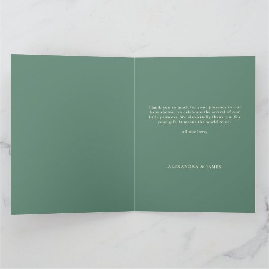 魅惑の森の緑のアーチ妖精の赤ちゃんシャワー サンキューカード (内部)