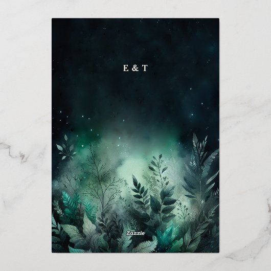 魅惑の森の緑モダンの灯結婚り 箔招待状 (裏面)