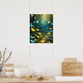 魅惑の森の花蝶ティール（緑がかった色）黄色 ポスター (キッチン)